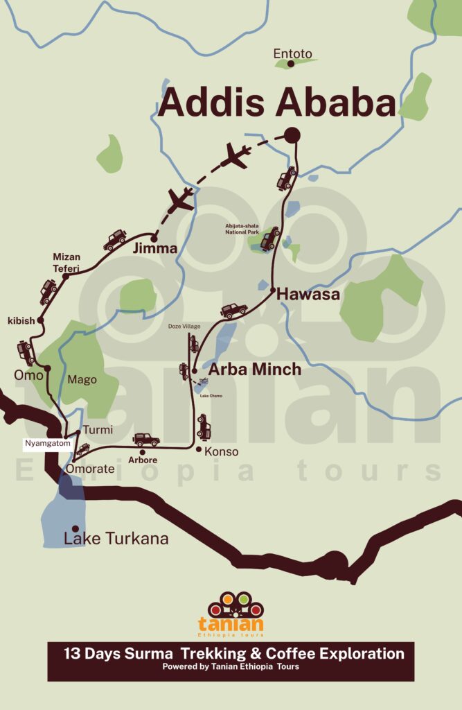 Map illustrating a 13-day tour combining trekking in the Surma region with an exploration of Ethiopian coffee culture in the southwest, by Tanian Ethiopia Tours.