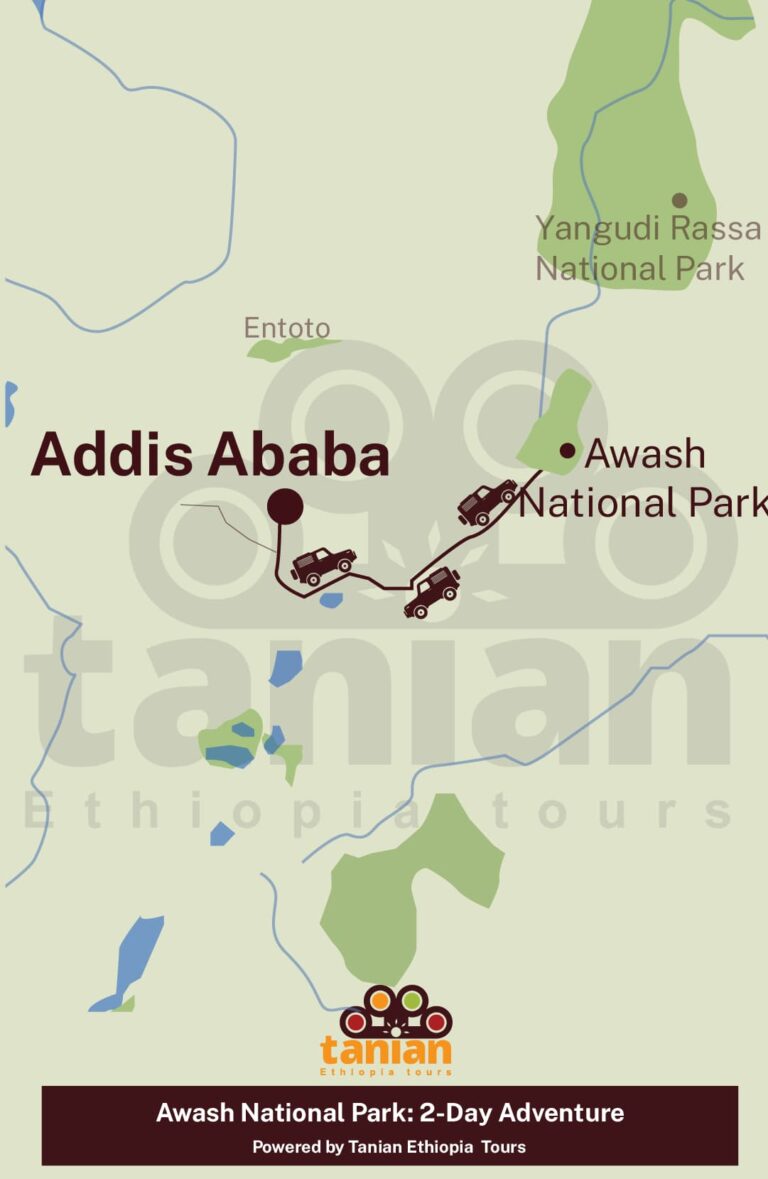 Map illustrating the 2-day Awash National Park tour itinerary, starting from Addis Ababa and showcasing the route through the park, key wildlife viewing areas, the majestic Awash Falls, and the locations of hot springs like Filwoha and Sodere.