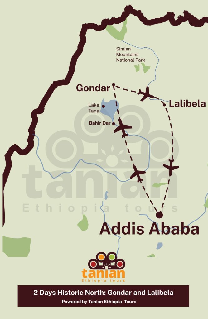 Map by Tanian Ethiopia Tours of a 2-day tour through Ethiopia's Historic North, likely including Gondar and Lalibela.