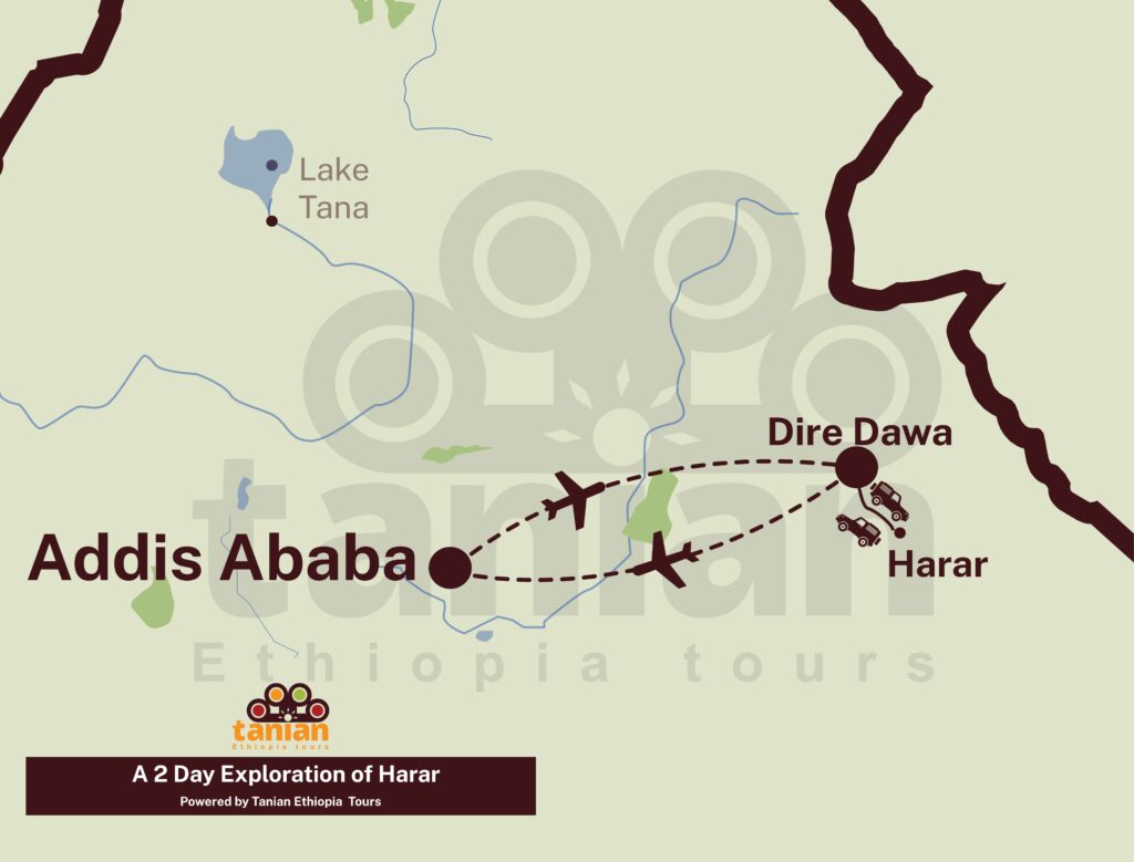 Map of a 2-day tour of Harar itinerary by Tanian Ethiopia Tours, known for its walled city and hyena feeding tradition.