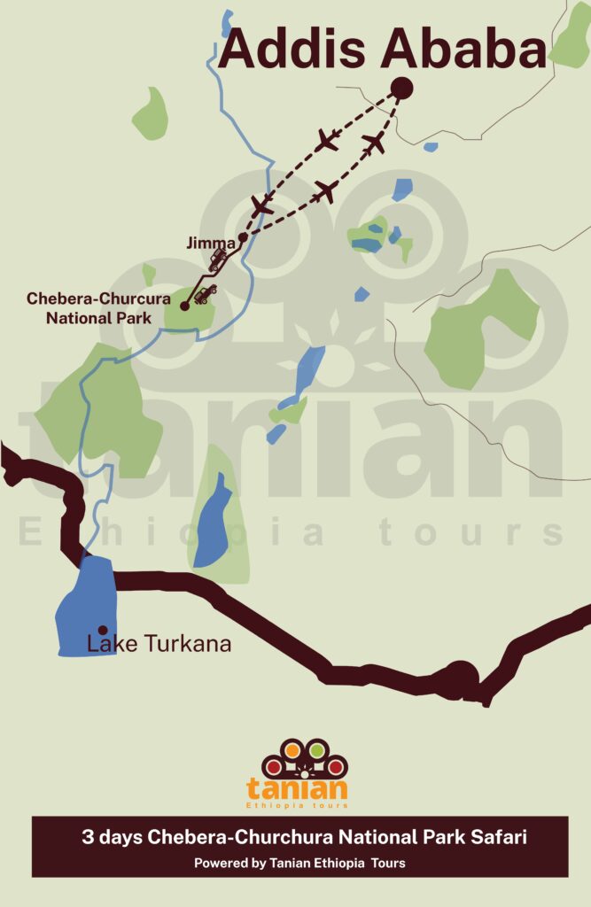 Map of a 3-day safari tour in Chebera-Churchura National Park, focusing on its wildlife and natural landscapes, by Tanian Ethiopia Tours.