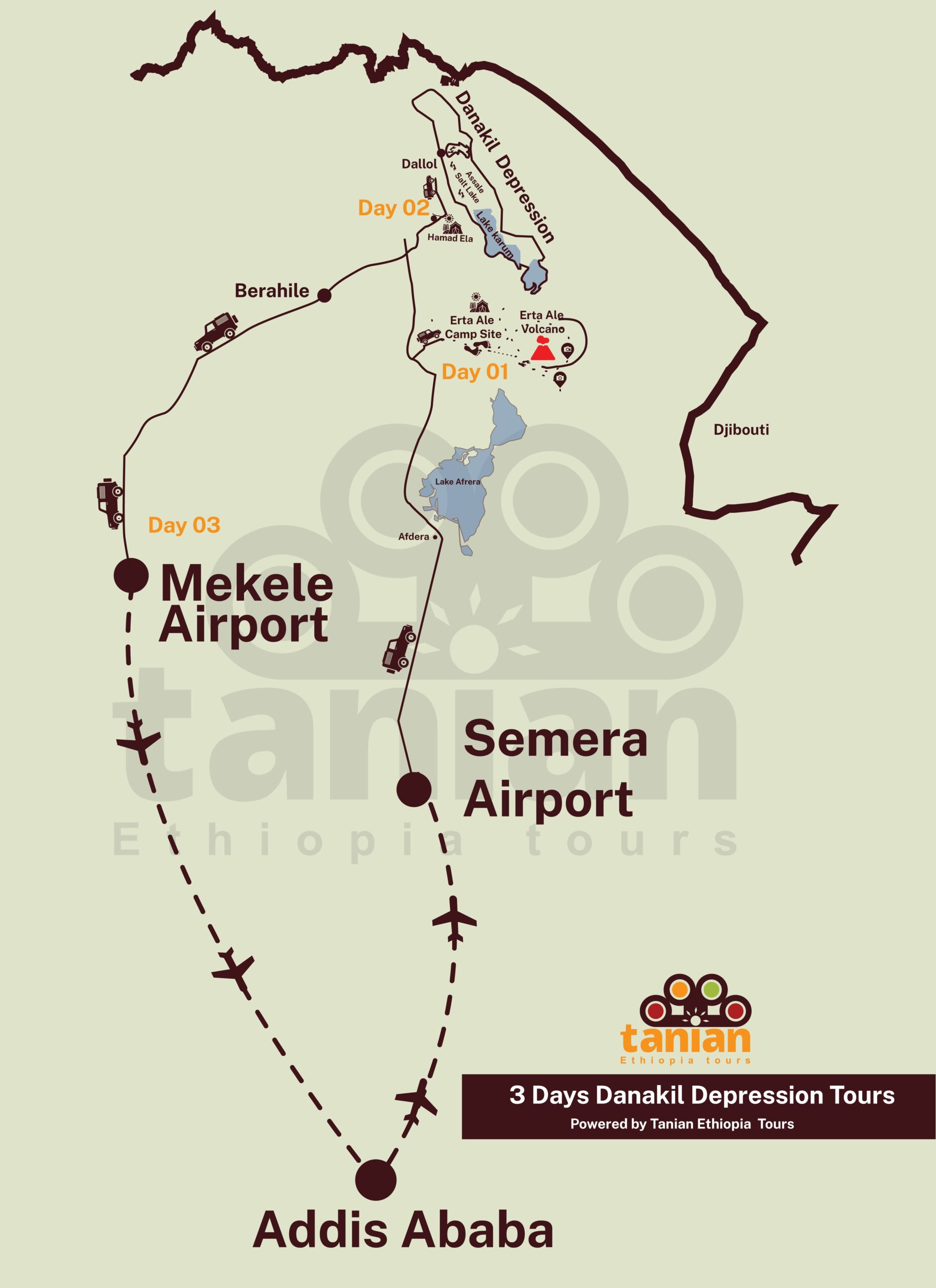 Map detailing a 3-day tour of the Danakil Depression, with a focus on the Erta Ale volcano and the Dallol geological site, by Tanian Ethiopia Tours.