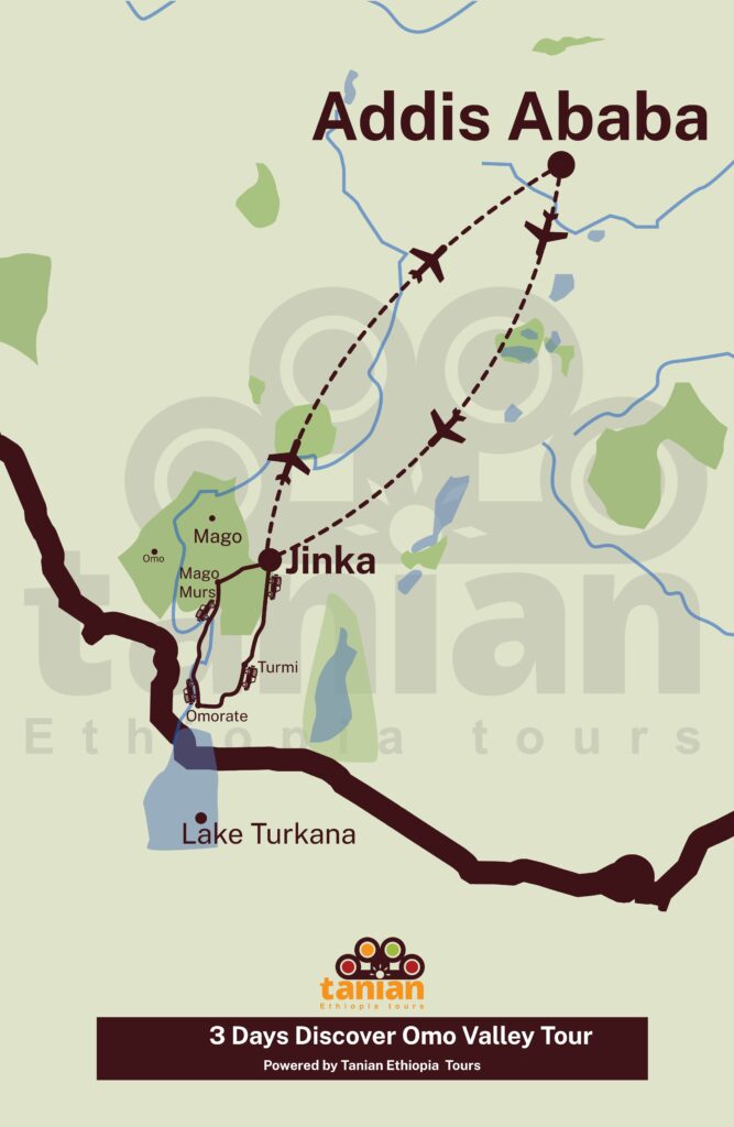 Map showcasing a 3-day tour of the Omo Valley, focusing on interactions with local tribes and their culture, by Tanian Ethiopia Tours.