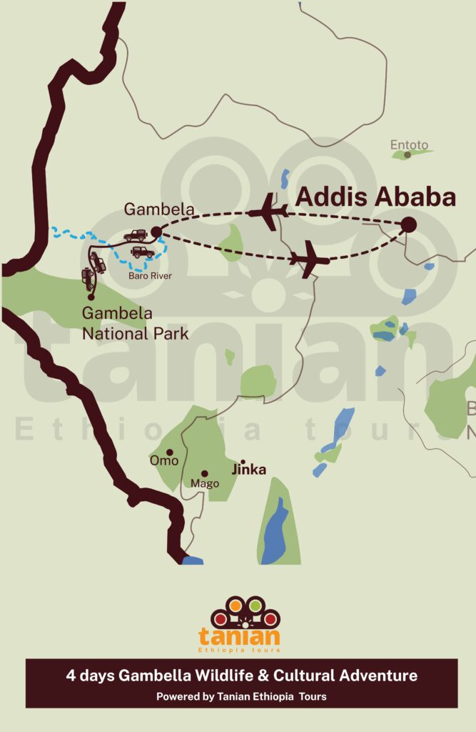 Map of a 4-day tour of Gambela National Park, focusing on its wildlife and riverine environments, by Tanian Ethiopia Tours.