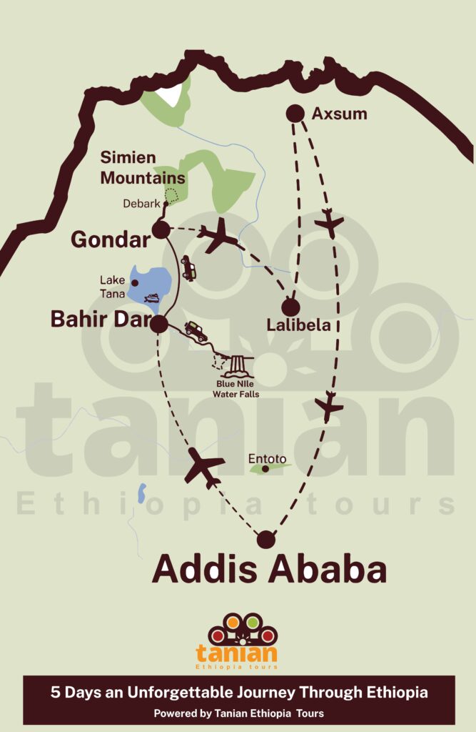 Map of a 5-day tour covering the major historical sites and cultural highlights of Northern Ethiopia, Bahir Dar, Gondar Simien Mountains, Lalibela & Axum, by Tanian Ethiopia Tours.