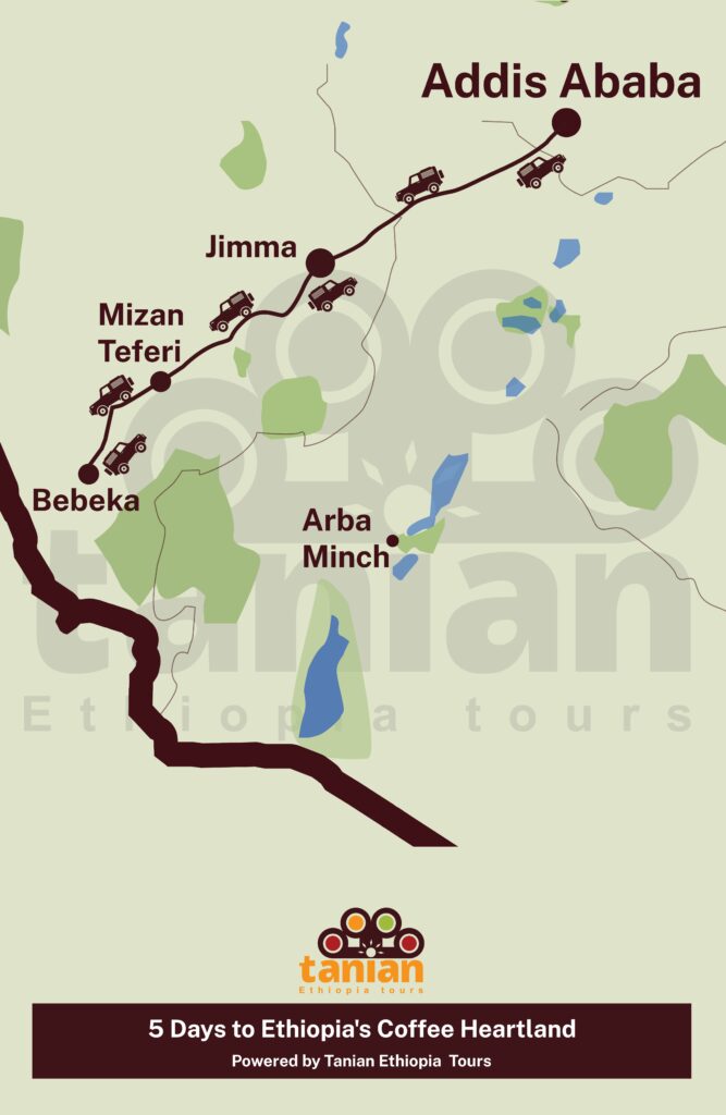 Map showcasing a 5-day tour focused on the Ethiopian coffee culture, from cultivation to brewing, by Tanian Ethiopia Tours.