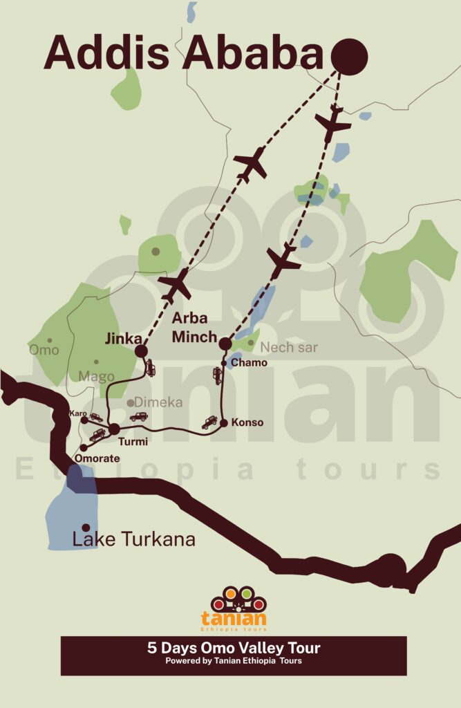 Map illustrating a 5-day tour of the Omo Valley, allowing for a more profound engagement with the diverse local tribes, by Tanian Ethiopia Tours.