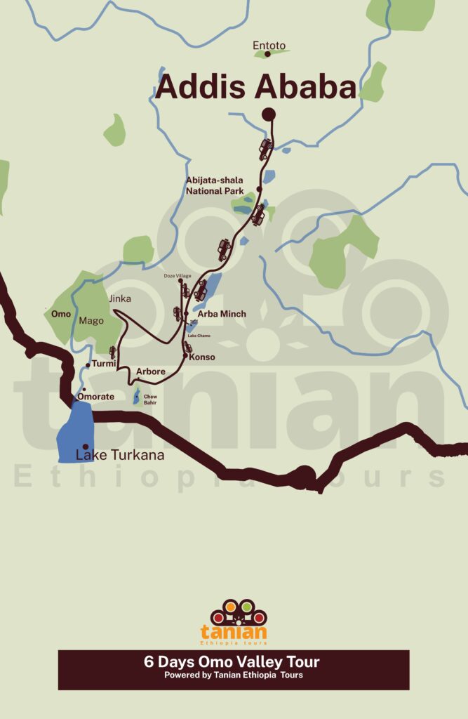 Map showcasing a 6-day tour of the Omo Valley, offering opportunities to interact with various tribal communities and capture their unique cultures, by Tanian Ethiopia Tours.