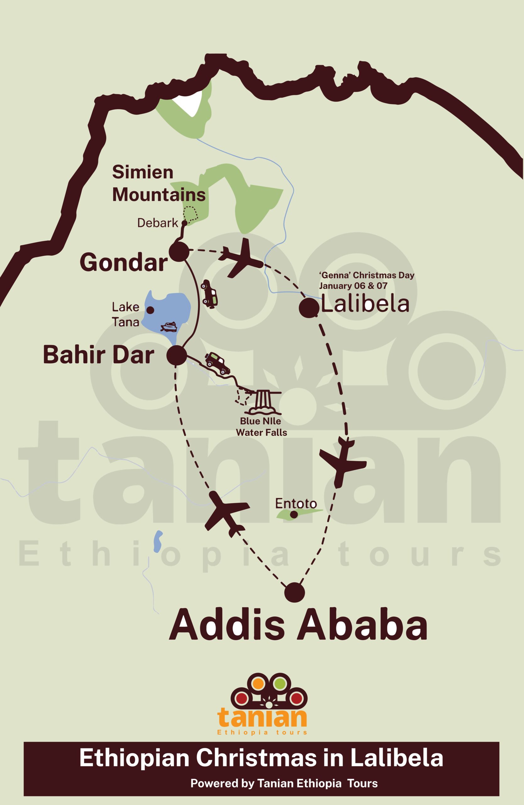 Map showcasing a 7-day tour centered around the Ethiopian Christmas festival, highlighting religious and cultural events, by Tanian Ethiopia Tours.