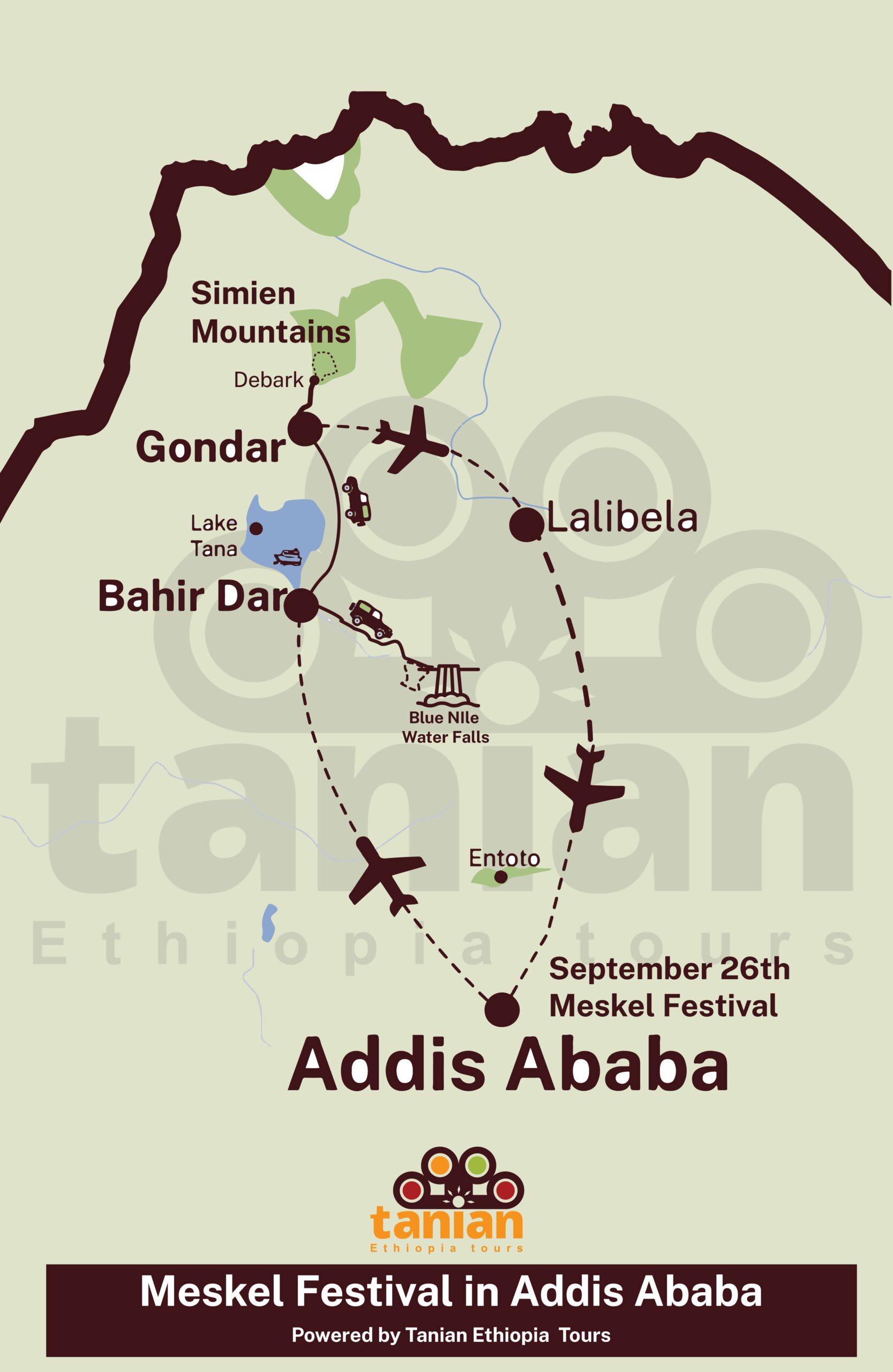 Map illustrating a 7-day tour focused on the Ethiopian Meskel Festival, showcasing its vibrant traditions and ceremonies, by Tanian Ethiopia Tours.