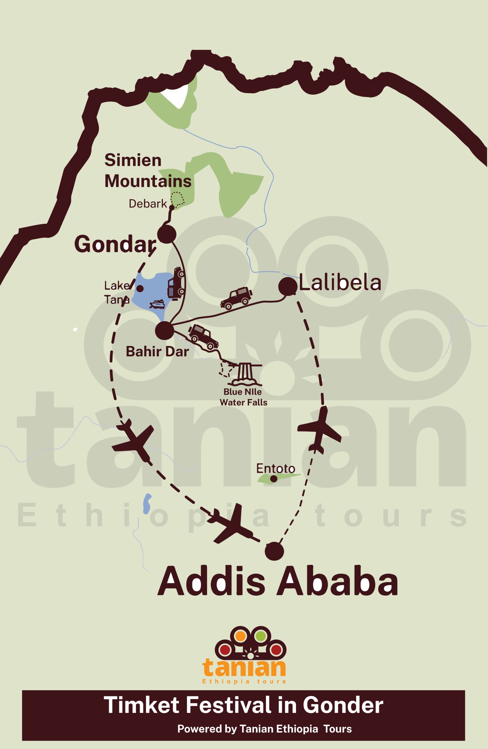 Map showcasing a 9-day tour centered around the Ethiopian Timket Festival, the most significant religious celebration in the country, by Tanian Ethiopia Tours.