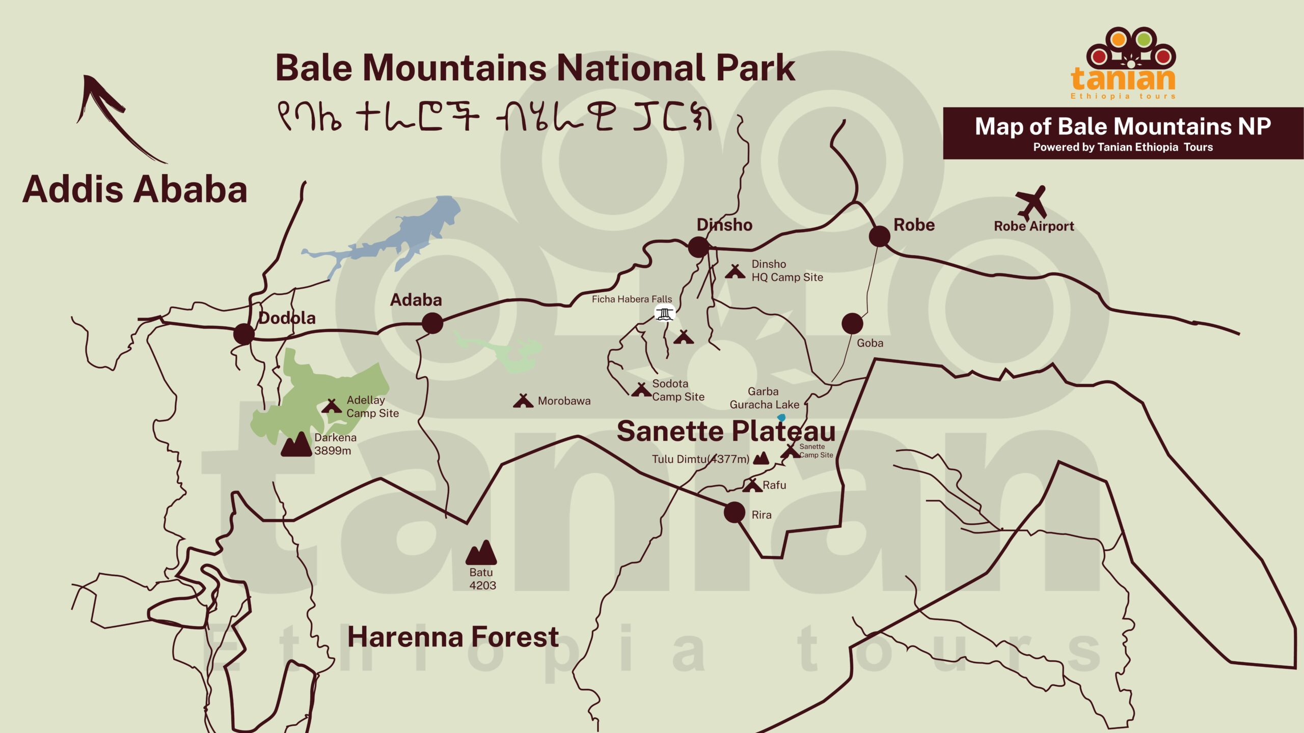 Detailed map of Bale Mountains National Park, Ethiopia, showing hiking trails, wildlife viewing areas, and key geographical features, from Tanian Ethiopia Tours. Discover the beauty of the Bale Mountains.