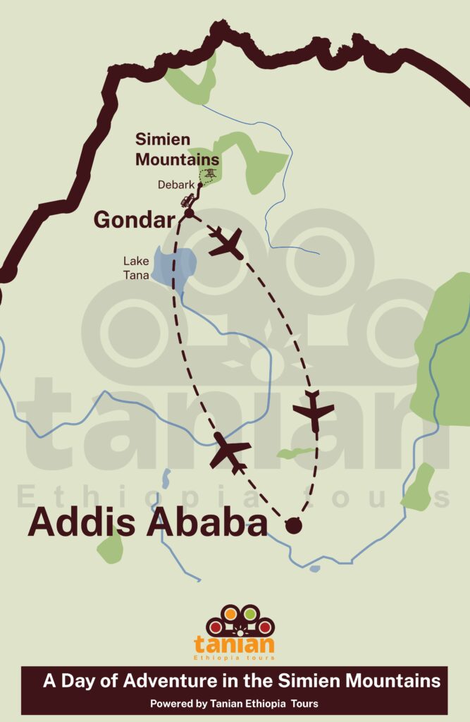 Map illustrating a day trip to the Simien Mountains National Park, highlighting its dramatic scenery and potential wildlife encounters, by Tanian Ethiopia Tours.