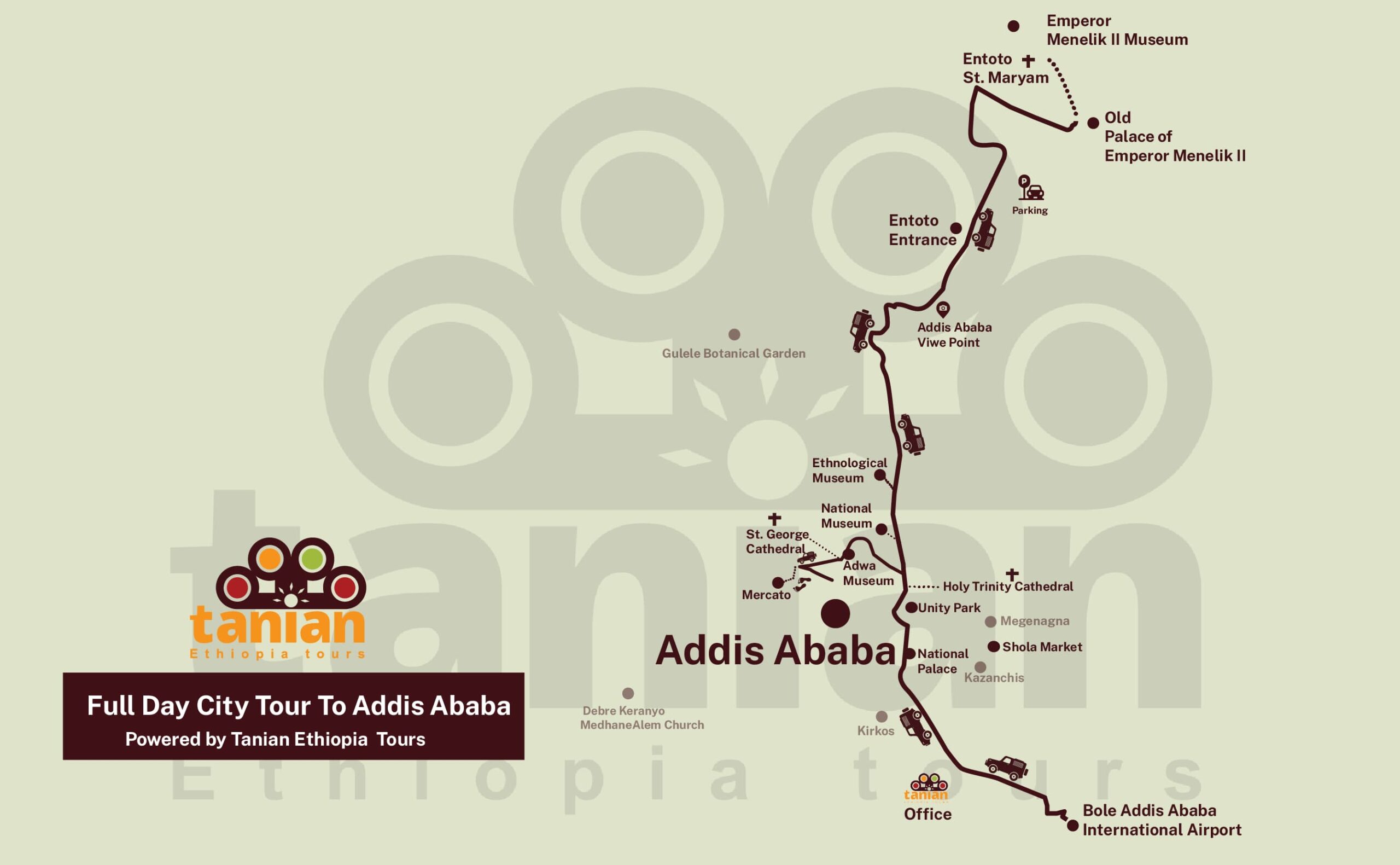 Map illustrating a full-day tour of Addis Ababa, highlighting key cultural, historical, and modern landmarks, by Tanian Ethiopia Tours.