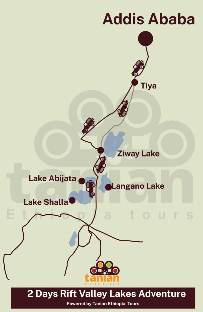 Map of a 2-day tour of Ethiopia's Rift Valley Lakes by Tanian Ethiopia Tours, highlighting natural beauty and potential wildlife sightings.