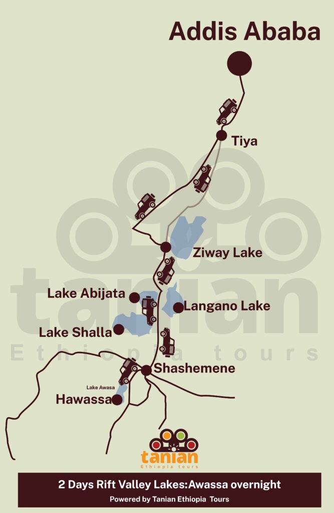 Map showing a 2-day tour of the Rift Valley Lakes, with a focus on the Hawassa region and its attractions like birdlife and hippos, by Tanian Ethiopia Tours.