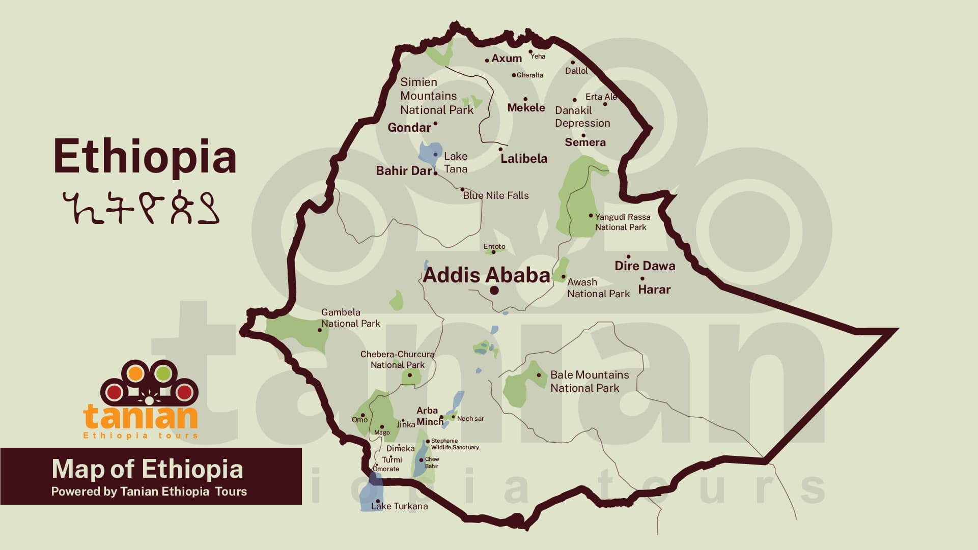 Map of popular tourist destinations across Ethiopia, including historical sites, national parks, and cultural landmarks, provided by Tanian Ethiopia Tours. Plan your Ethiopian adventure.