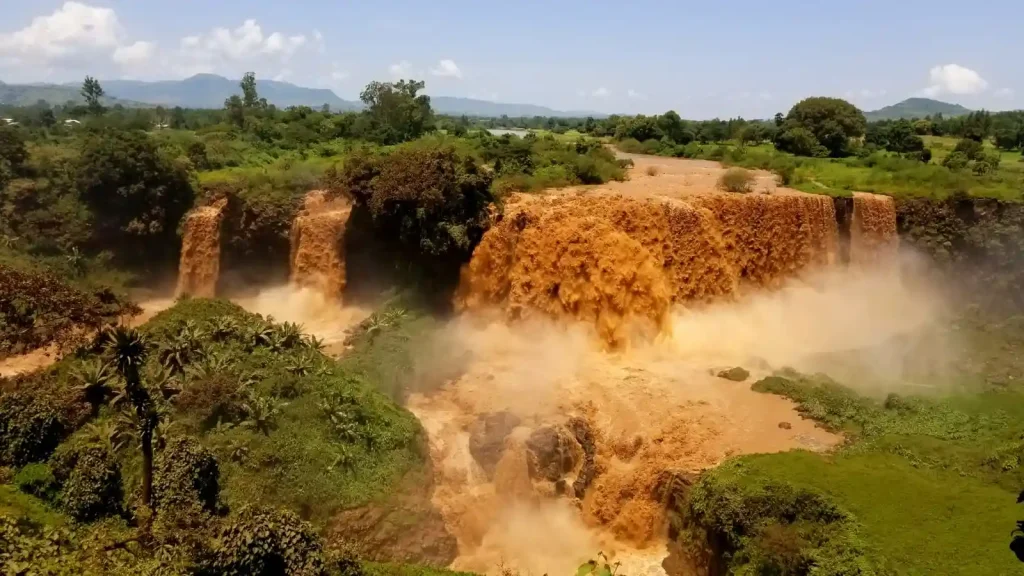 A photograph of the Blue Nile Falls in Ethiopia, showcasing a powerful waterfall cascading over a rocky cliff. The water is a rich brown color, likely due to sediment, and creates a misty spray as it plunges down. Lush green vegetation surrounds the falls, contrasting with the brown water and rocky terrain. The sky is blue with scattered white clouds, creating a bright daytime scene. The image captures the impressive scale and natural beauty of the Blue Nile Falls.