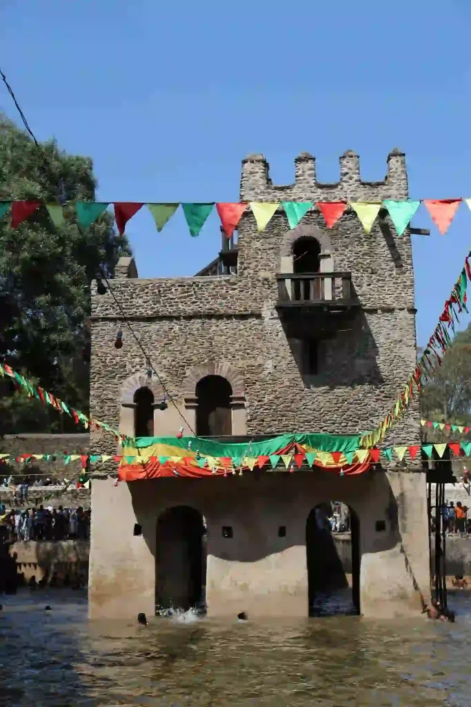 Fasiledes Bath in Gondar, Ethiopia, prepared for the Timket festival. The historic pool is surrounded by stone walls and filled with water, ready for the annual baptism celebrations.