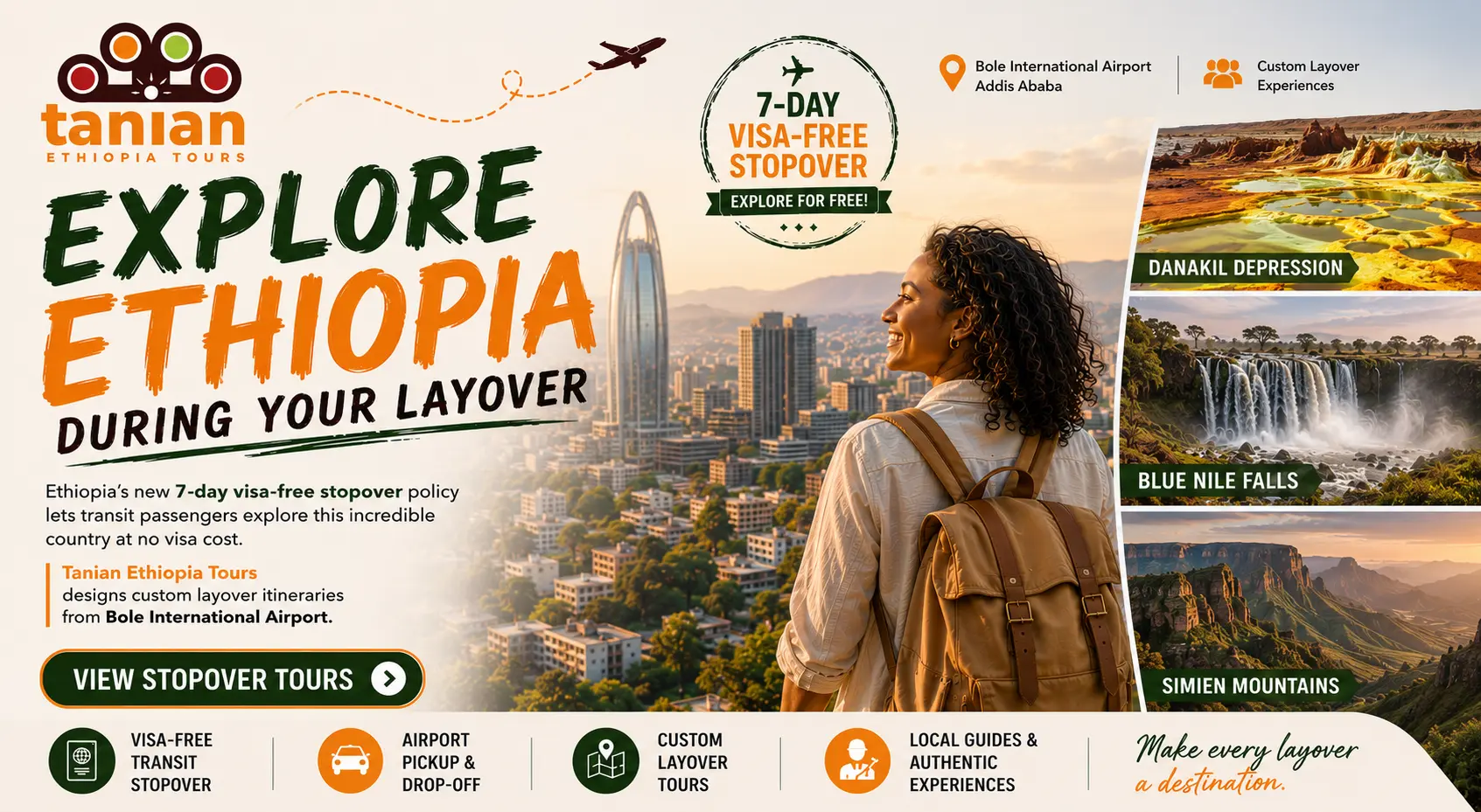 Traveler exploring Ethiopia during a visa-free layover in Addis Ababa with Tanian Ethiopia Tours, featuring custom stopover tours, historic landmarks, cultural attractions, and airport pickup from Bole International Airport.