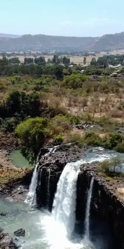 A wide-angle photograph of the Blue Nile Falls in Ethiopia, taken during the daytime. The image captures a broad view of the falls cascading over a wide, rocky cliff face. The water is a mix of white foam and brownish-tinged water, flowing powerfully over the falls. Lush green vegetation covers the landscape surrounding the falls, and distant mountains are visible on the horizon under a clear blue sky. The photograph emphasizes the scale of the falls and their integration with the Ethiopian landscape.