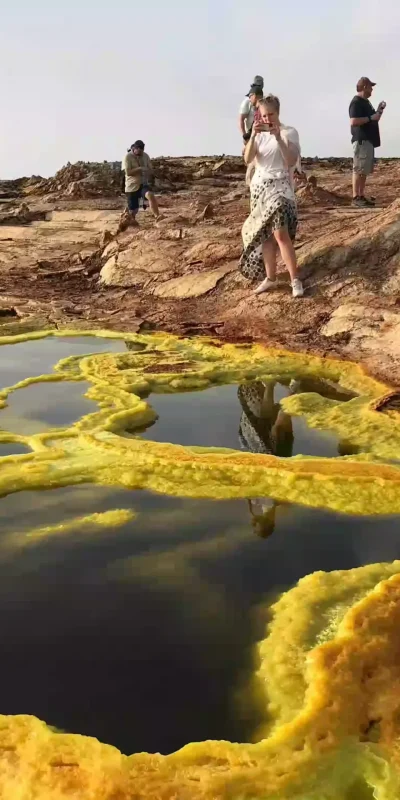 A photograph capturing the surreal landscape of Dallol in the Danakil Depression, Ethiopia, with our Tanian Ethiopia Tours clients in the frame. The image showcases the vibrant colors and otherworldly formations of Dallol's salt plains, hot springs, and mineral deposits. Clients, likely on a guided tour, are positioned to appreciate the vastness and unique beauty of the area. The Danakil's extreme environment is visually represented through the landscape's textures and colors.