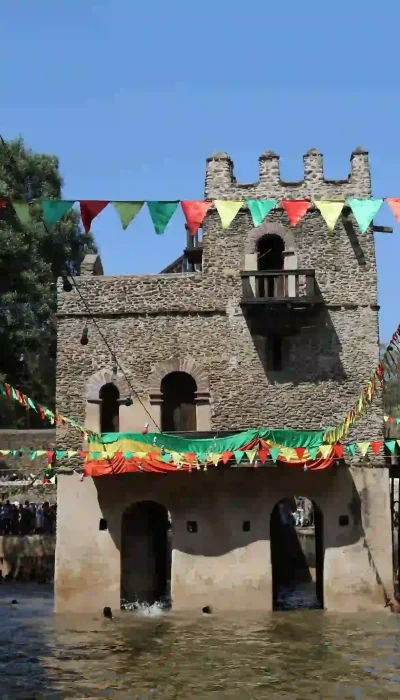 Fasiledes Bath in Gondar, Ethiopia, prepared for the Timket festival. The historic pool is surrounded by stone walls and filled with water, ready for the annual baptism celebrations.