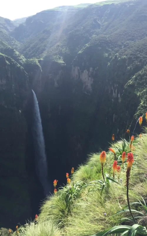 Jinbar Waterfalls in Simien Mountains, a wide view of a tall waterfall cascading down dark, rocky cliffs in the Ethiopian Highlands. The surrounding landscape is rugged and mountainous.