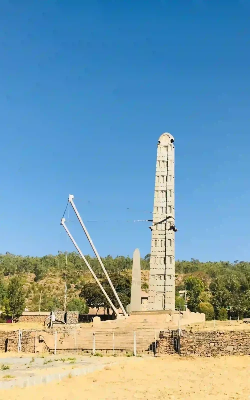 A view of the ancient Obelisk Park in Axum, showcasing the impressive scale of the historical monuments.
